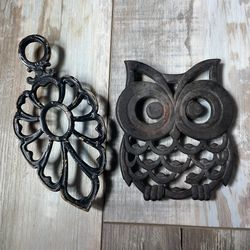 VTG Cast Iron Trivet Lot of 2 – Owl Japan Marked  & Flower – Rustic Decor