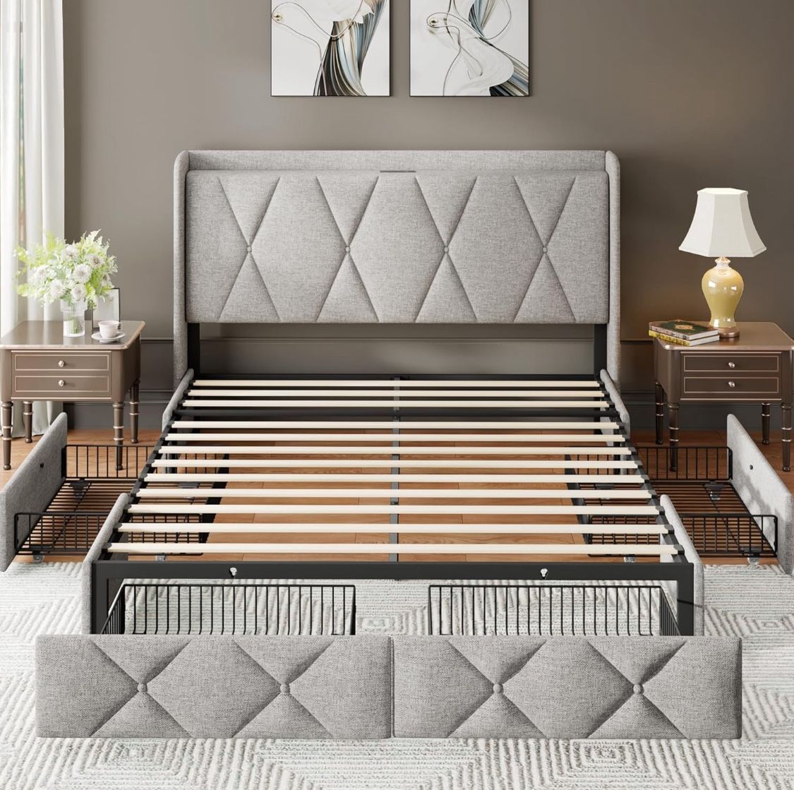 Full Bed Frame with 4 Storage Drawers