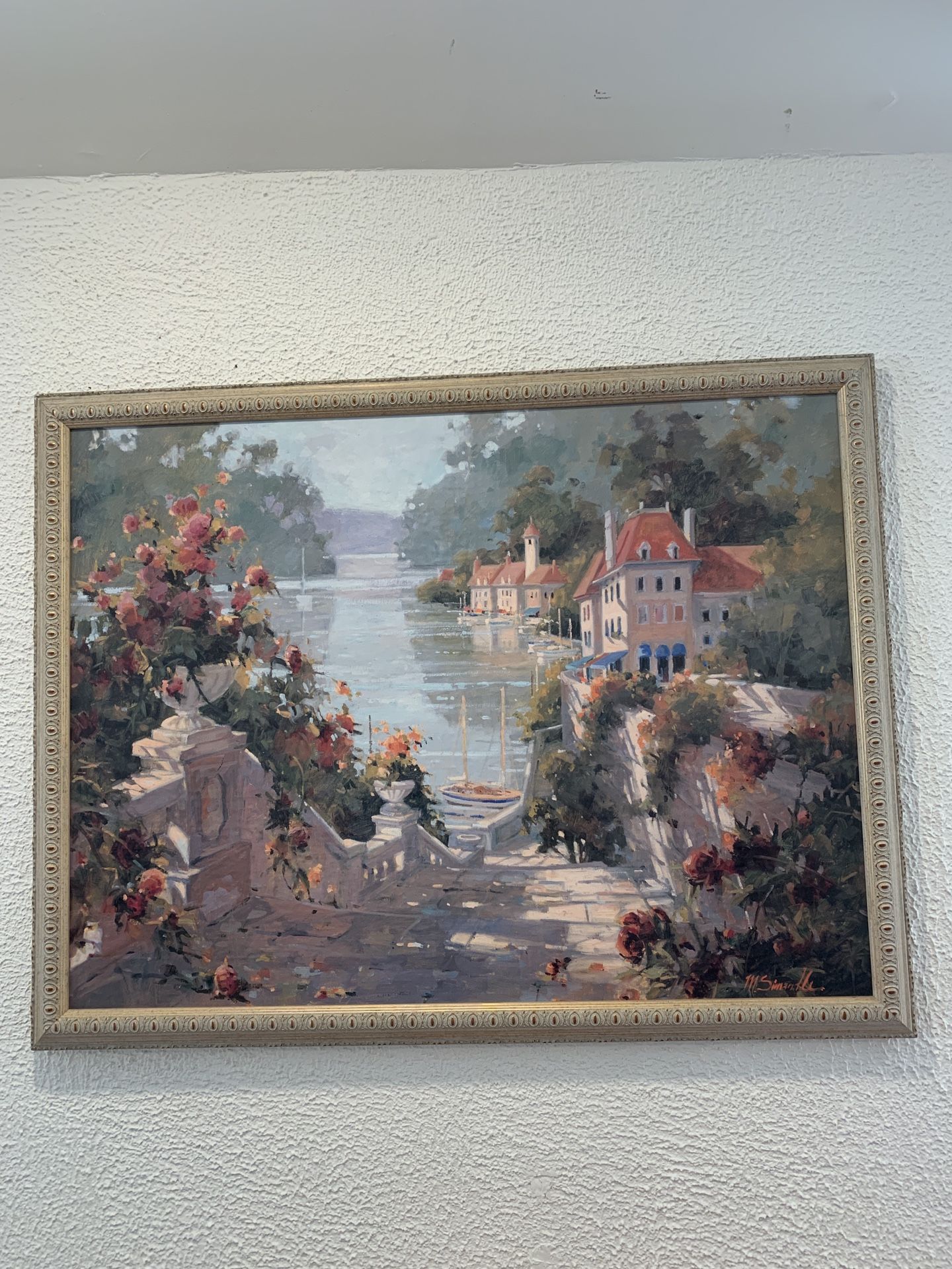 Marilyn Simandle Internationally Known Artist Italian Harbour Print On Canvas In A Beautiful Wooded Frame 27” X 34.50”