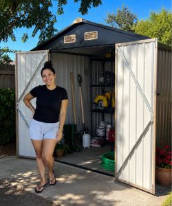IRONCK 5.7x5.7FT Outdoor Storage Shed, Tool Shed, Brown Breathable Vent, Lockable Doors, Galvanized Steel, Metal Garden Storage, Outdoor Shed, for Bac