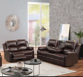 Brown Leather Reclining Sofa and Loveseat Set