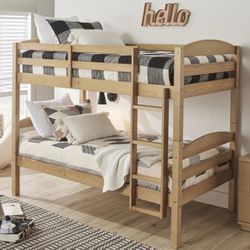 Solid Wood Twin-over-Twin Convertible Bunk Bed with Ladder and Guardrails, Natural Pine