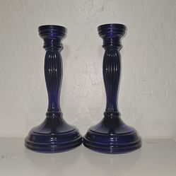 Pair of Vintage Cobalt Blue Indiana glass candle holders 8 1/2" tall