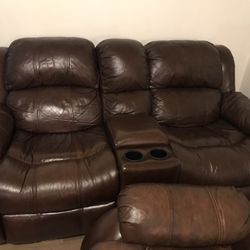 Reclining Dark Brown Leather Couch Set For Sale