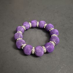 Amethyst Purple Mesh Metal Beads With Clear Rhinestone Spacers On An Elastisized Bracelet - Purple Is The Birth Color Of February 