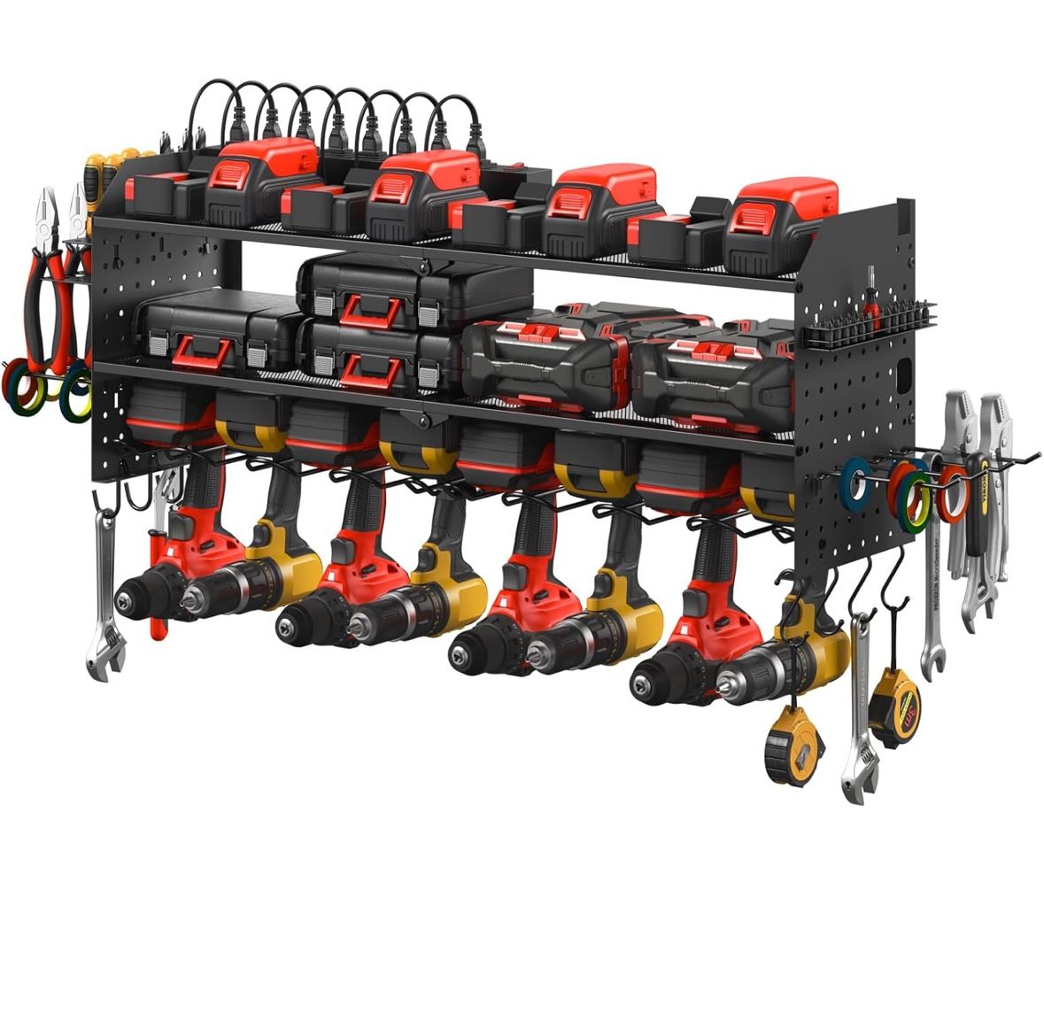 JUNNUJ Large Pegboard Power Tool Organizer with Charging Station 8 Power Strips