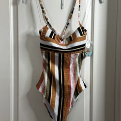 PRANA Womens Medium Lurisia One Piece Swimsuit Gilded Soleil Stripe Orange Green