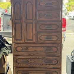 Solid Oak Dresser Armoire Tall  with shelves 64x36x18” 