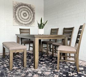 Grey dining table 4 chairs & bench