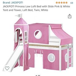 JACKPOT! Princess Low Loft Bed with Slide Pink & White Tent and Tower, Loft Bed, Twin, White JACKPOT! Princess Low Loft Bed with Slide Pink &amp; Wh