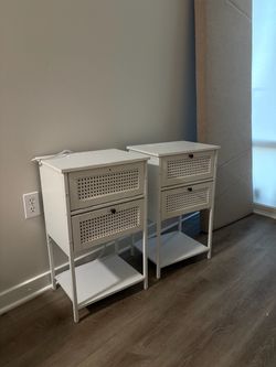 White Cane Nightstands with Drawers Set of 2