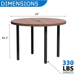 5 Piece Outdoor Patio Dining Set for 4, 42inch Around Metal Table with Umbrella Hole and Storage Shelf, Stackable Wrought Iron Chairs, Patio Furniture