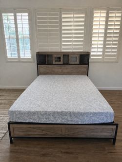 Industrial Farmhouse Bed Frame with Bookcase Headboard