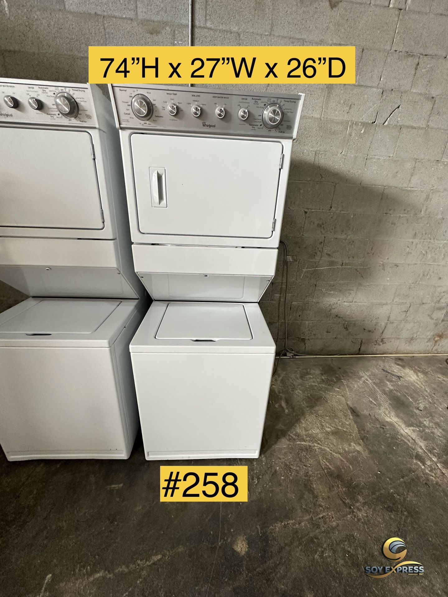 Whirlpool Washer And Dryer Stacked Combo 27”W Electric (#258)