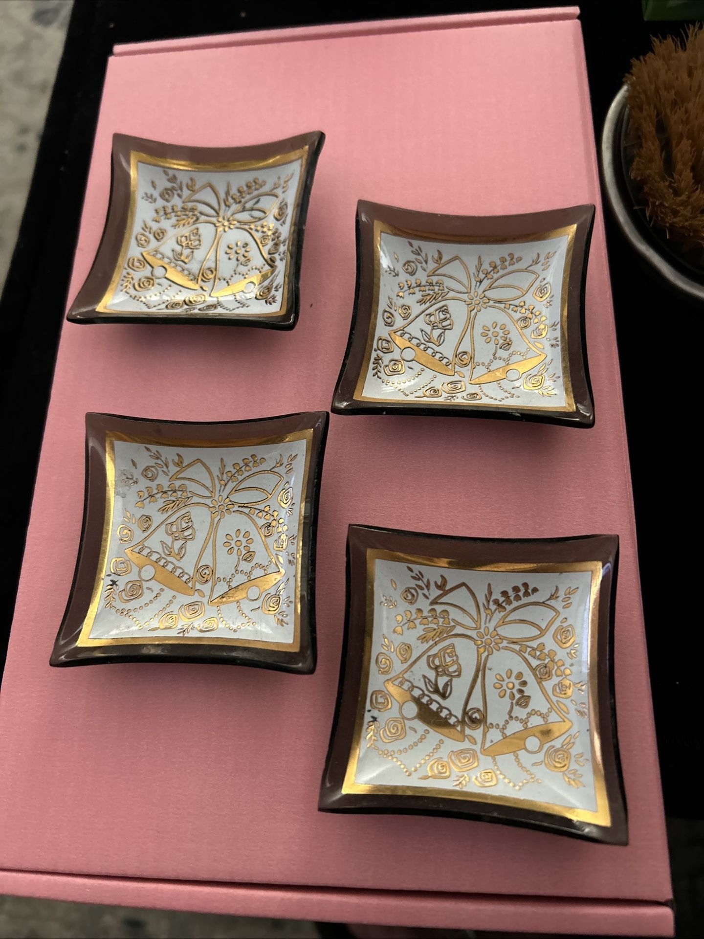 MCM Set Of (4) 2-1/4” Smoked Glass Bell Floral Pattern Plate Ashtray Salt Dish