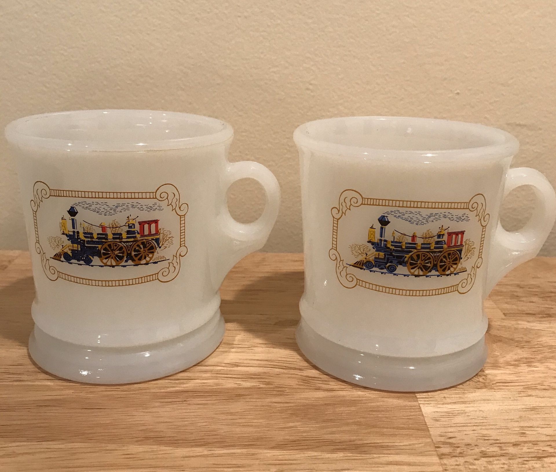 2 Avon White Opalescent Glass Train coffee mugs