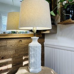 Vintage Hollywood Regency Faux Bamboo Ceramic Lamp White Linen Shade Glam Luxe Neutral 