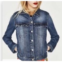 ZARA TRF Ladies Womens Ruffle Distressed Jeans Denim Jacket Size Medium Stretchy