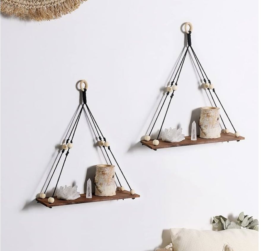Artilady 2 Pack Wooden Wall Hanging Shelves - Macrame Hanging Plant Shelf Boho, Handmade Rustic Hanger Planter Rack Pot Stand Holder Storage Floating