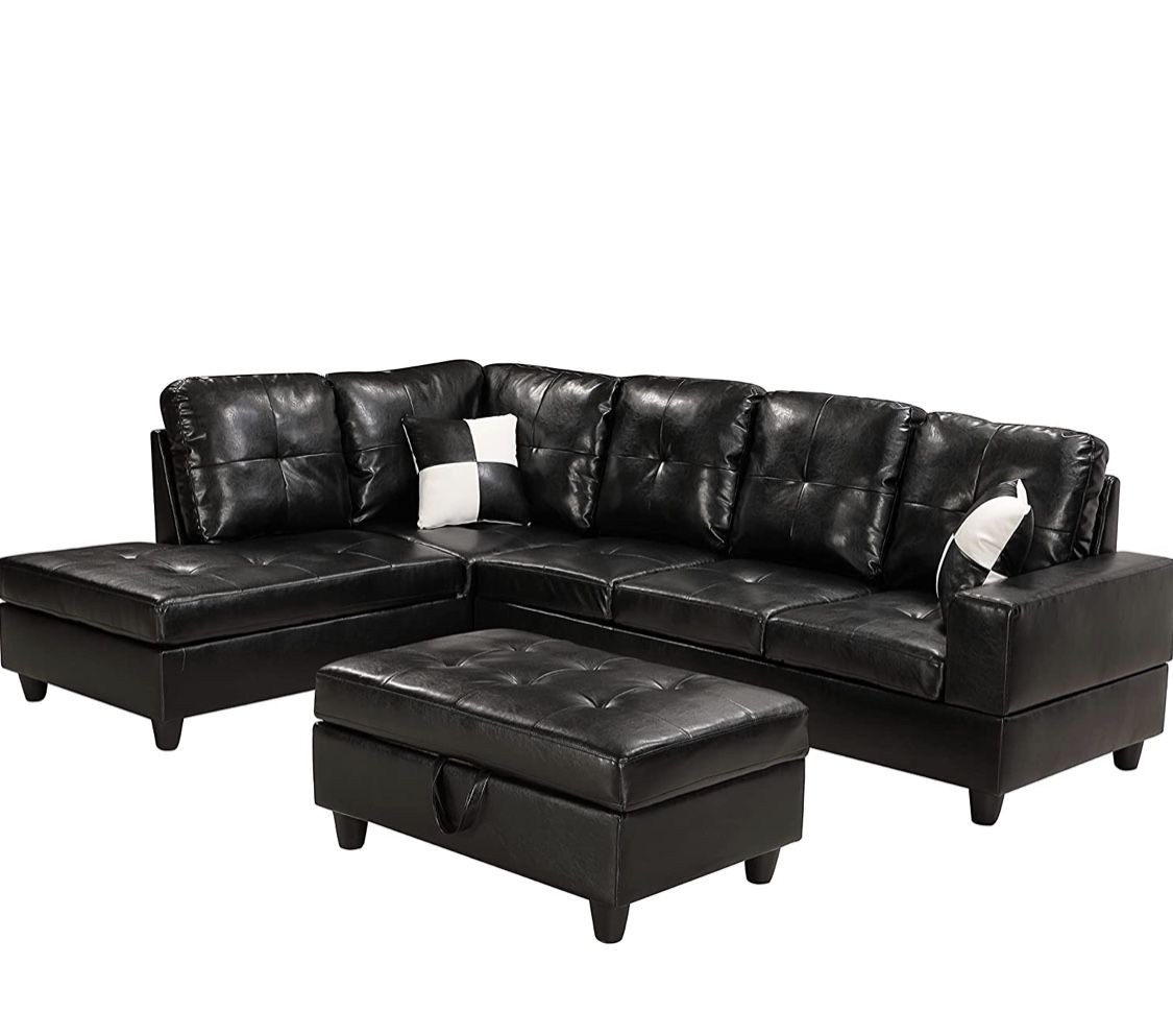 Black Leather Sectional Couch With Ottoman 