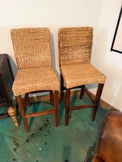 Woven Seagrass Bar Stools with Wood Legs – Set of 2