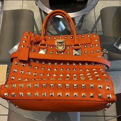 Large Micheal Kors Hamilton Studded Tangerine Genuine Leather Statement Handbag Excellent Condition. $448.00 retail for $250 OBO/ Shipping Available 