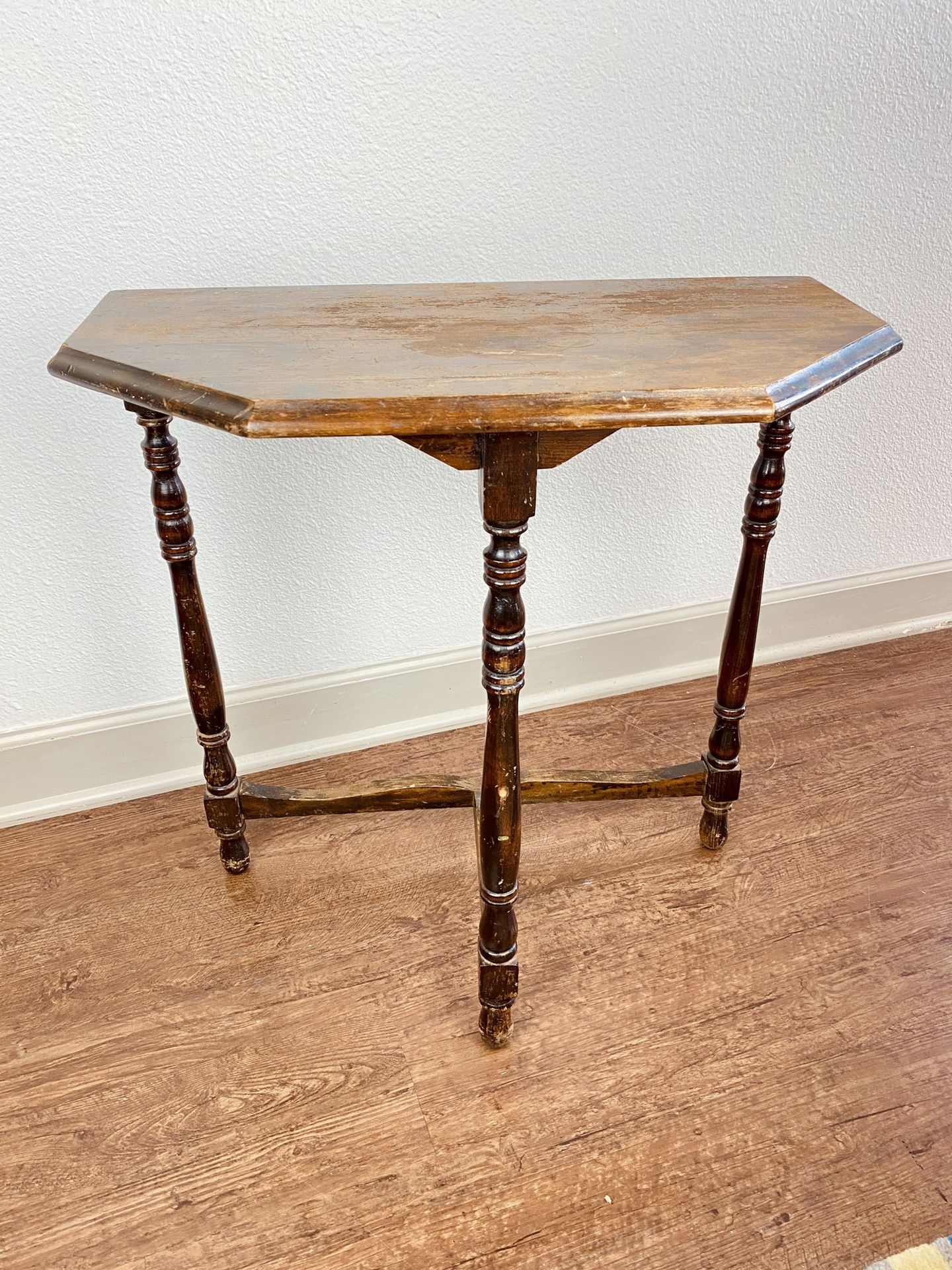 Antique Wood Half Octagon Side Table Geometric End Table