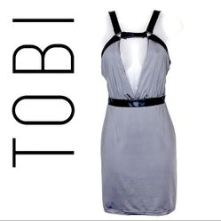 NWT Small TOBI Caged Leather Straps Deep Plunge Mini Bodycon Dress Gray & Black $75msrp