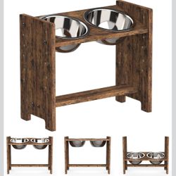 Elevated Dog Bowls, Adjustable Bowl Stand Medium, Rustic Brown Particle Board Raised Dog Bowl Stand with 2 Stainless Steel Bowls for Medium Dogs