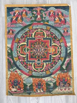 Antique Tibetan Buddhist Mandala Thangka – Hand-Painted & Inscribed