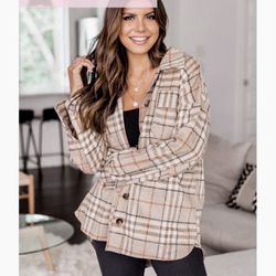 Brand New PINK LILY Boutique MISUNDERSTOOD HEART BROWN/ORANGE PLAID FLANNEL SHACKET Size Large, Relaxed Fit, Shirt + Jacket = Shacket