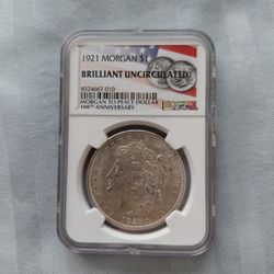 1921 Morgan Silver Dollar "100th Anniversary Flag Label" NGC BU $1 US Coin 