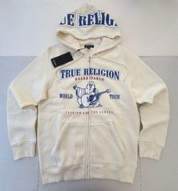 NWT  True Religion  Hoodie Sweatshirt  Full Zip  Buddha  Printed  Ivory Cream Royal Blue Red Men  Size Medium