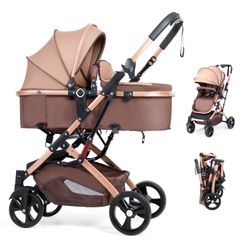 PEARLOVE 2 in 1 Baby Stroller Newborn Foldable Pushchair with Adjustable Canopy Folding High Landscape Infant Carriage, Anti-Shock Toddler Pushchair