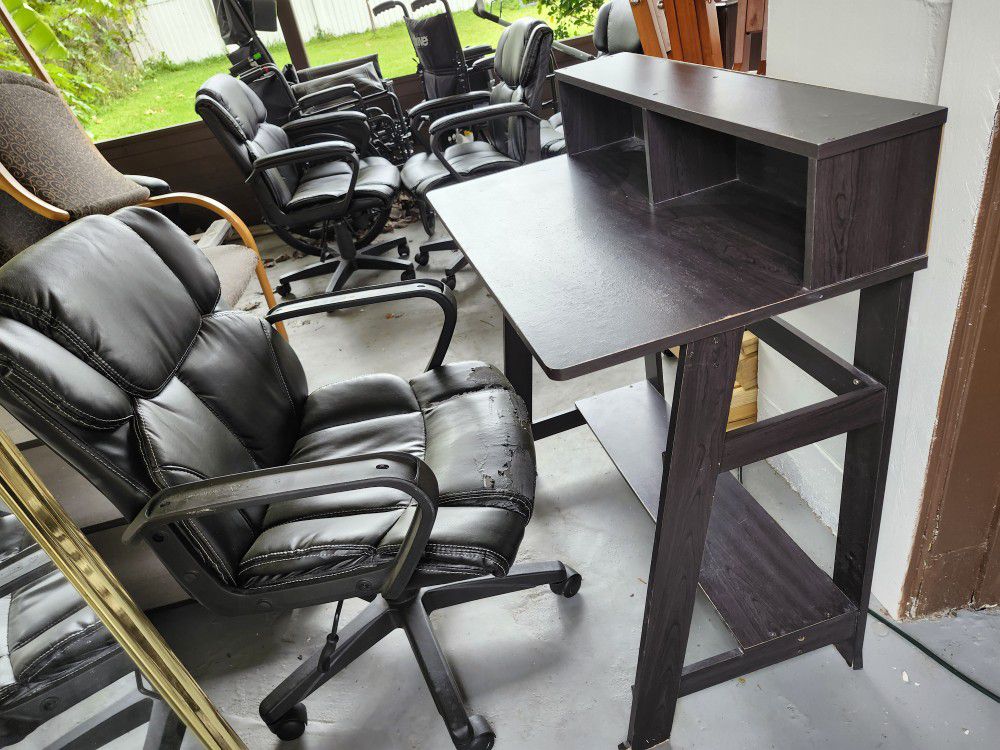 Compact Apartment Sized Dark Brown Work Desk Workstation Desk Computer Desk And Rolling Desk Chair