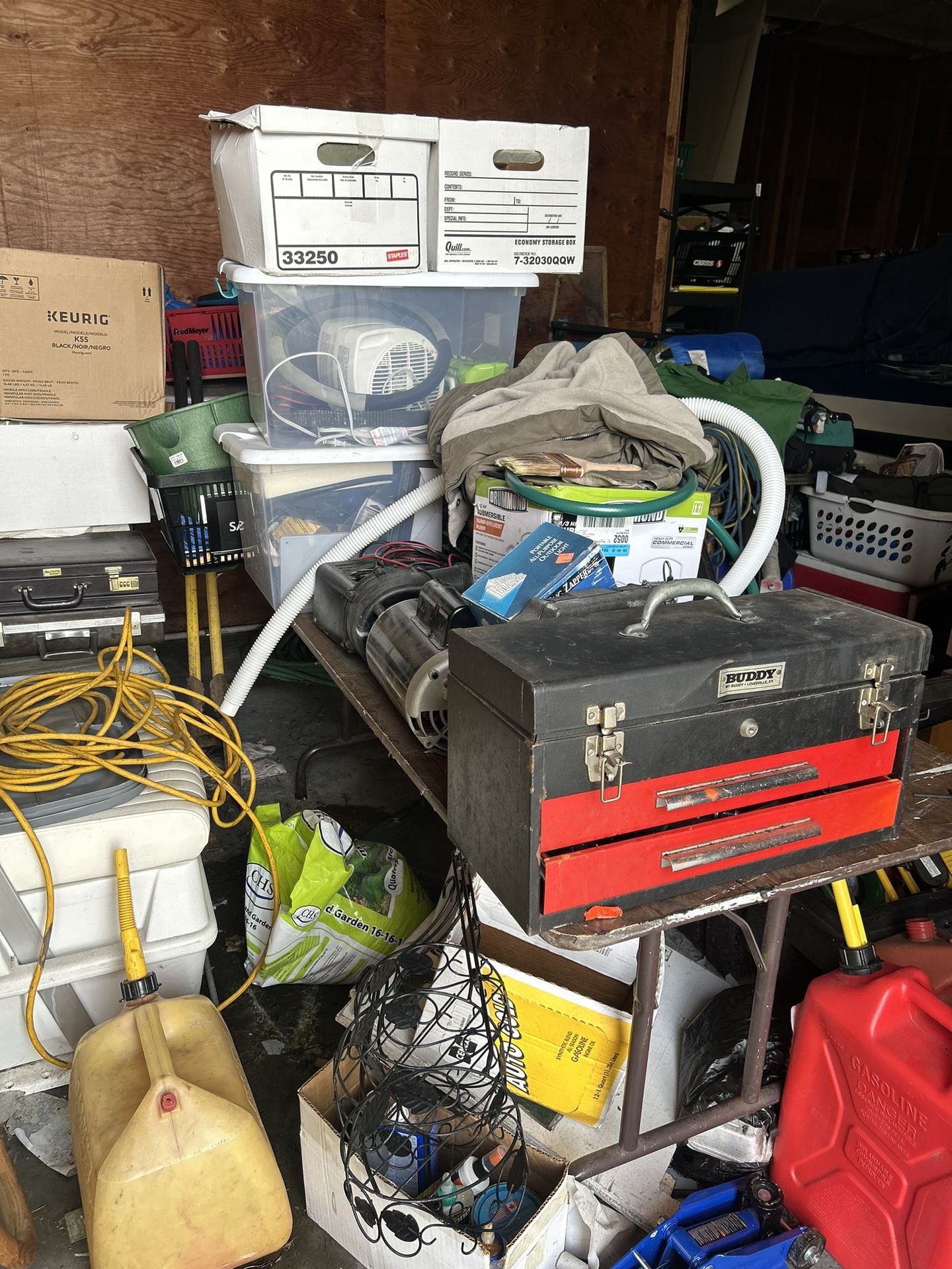 Large garage sale Hanger, needing to clean out a lot of storage camp gear other personal blinds tools
