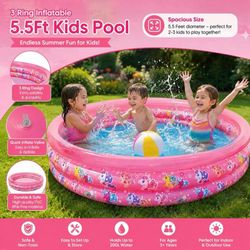 3 Ring Inflatable 5.5Ft Kids Pool, Pink