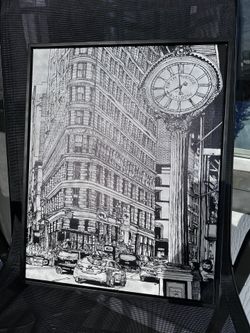 Framed NYC Street Sketch Wall Art – Fifth Avenue Clock – Modern Black Frame