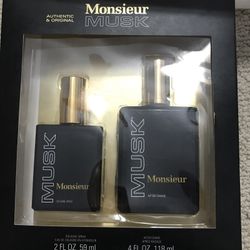 MUSK BY MONSIEUR 2 PCS SET 2 OZ COLOGNE SPRAY, 4 OZ AFTER SHAVE FOR MEN RARE