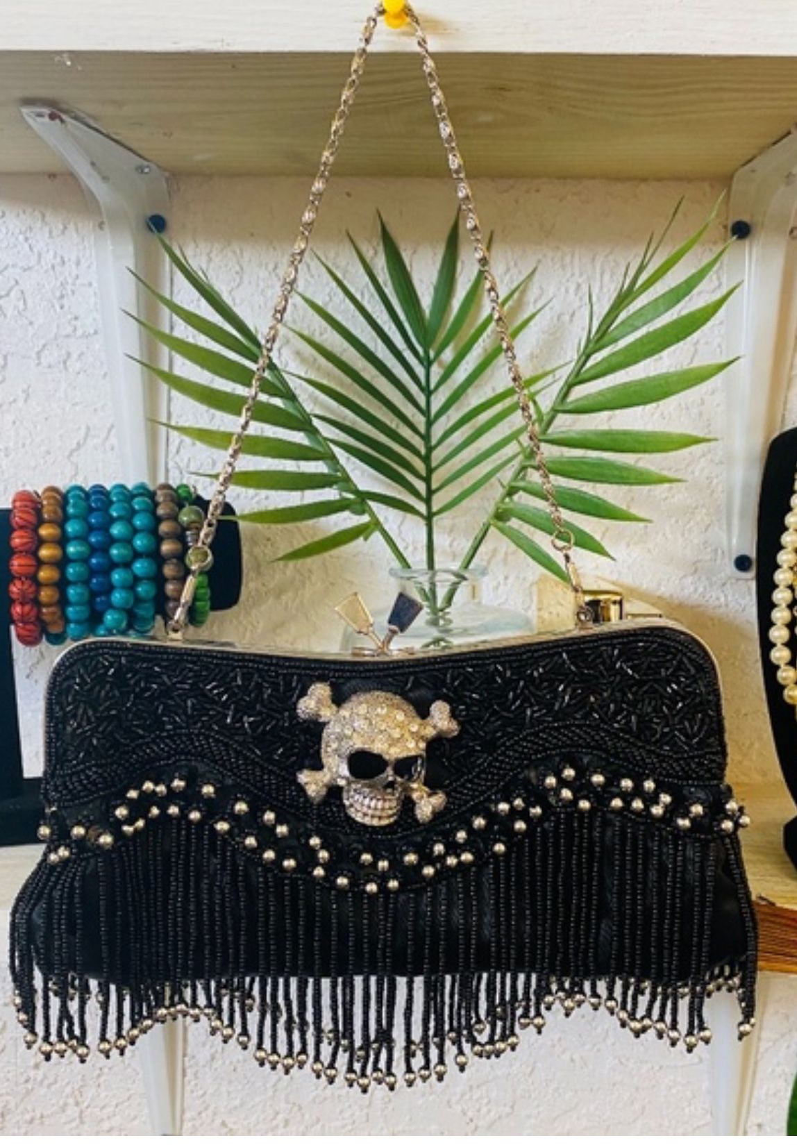 Cool New Rhinestone Skull Beaded Clutch Bag Purse Strap Fringe 