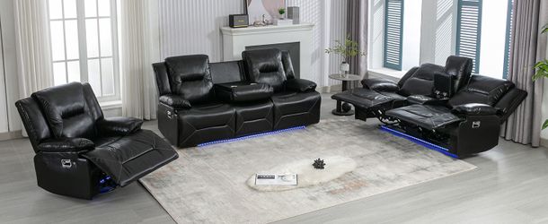 Home Theater Recliner Set Manual Recliner Chair with a LED Light Strip Two Built-in Cup Holders for Living Room,Bedroom, Black ,
