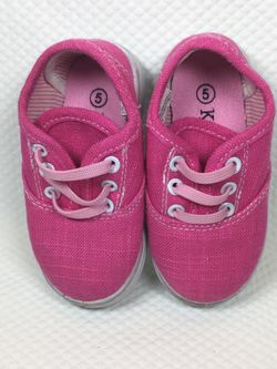 Kids Girls Sz 5 Tennis Shoe canvas Pink Laced Stretch Checkered Lined Kidsgets