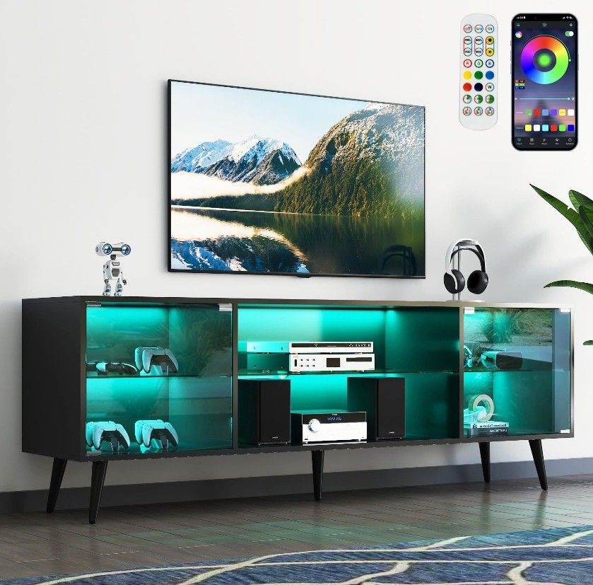 Modern 68in Led TV Stand With Glass Shelves And Doors