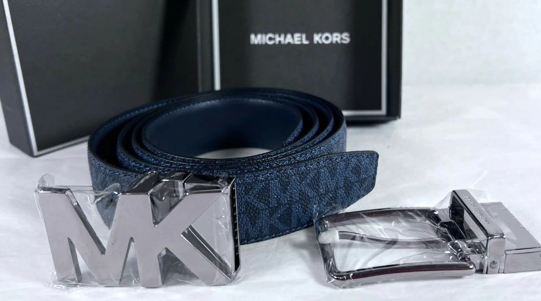 Michael Kors Men's 4 In 1 MK Logo Leather Reversible Belt Box Set ADMRL/PLBLUE