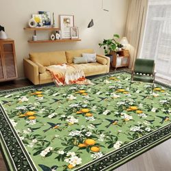Floral Area Rug 8x10 Hummingbird Washable Non Slip Vintage Rug Outdoor Indoor Lemon Carpet Soft Low Pile,Green