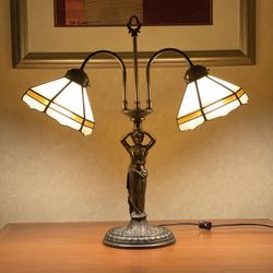 Vintage Dual Goose Neck Tiffany Style Table Lamp 