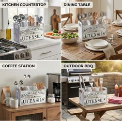 Wooden Utensil Holder for Kitchen Counter Decor,Extra Large Kitchen Utensil Holder Silverware Caddy Farmhouse Wood Cutlery Holder Cooking Utensil Stan