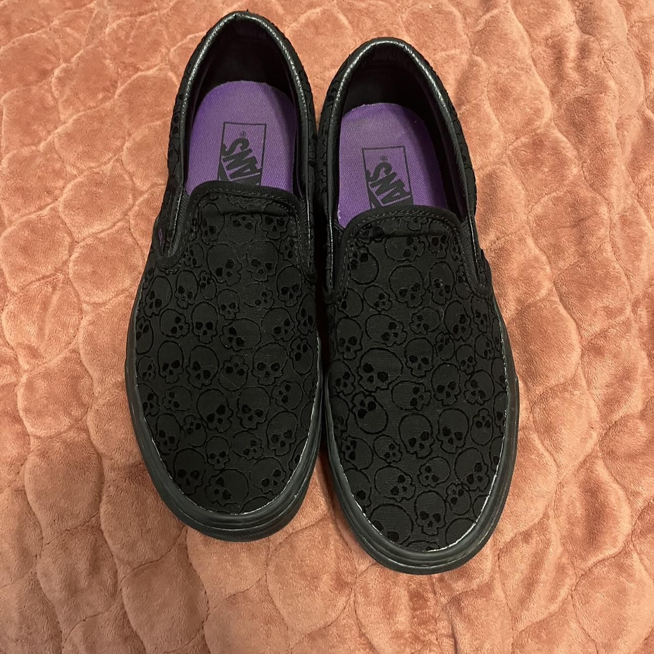 Vans Slip Ons Black And Purple Skulls Size 12.