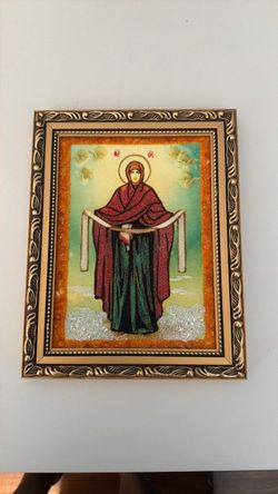 Russian orthodox icon “Protection of the Mother of God / Intercession of the Theotokos” adorned with amber and crystals 9.5”x7”