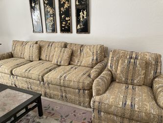 Gold and blue Sofa and two chairs